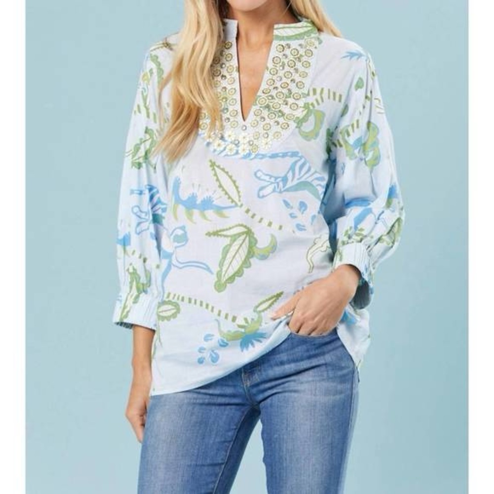 NWOT Sheridan French Olive Tunic Soft Jungle Blue 100% Cotton Embellished